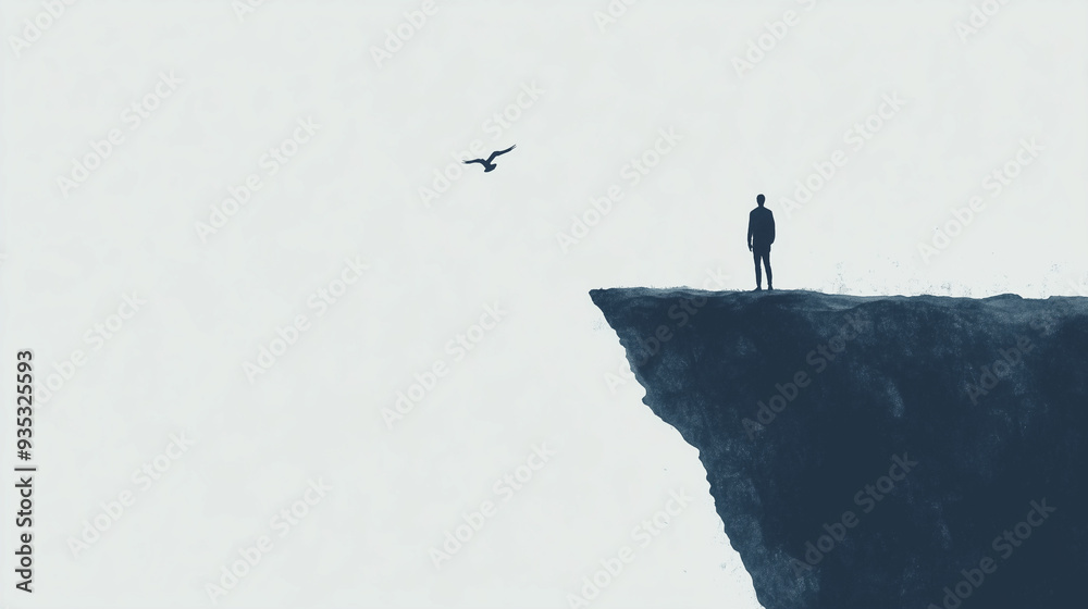 A person standing at the edge of a cliff, with a single line ...
