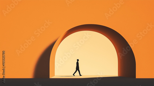 A person walking through an archway, with the archway drawn as a simple curve and the person as a silhouette, minimalist illustrated pictures of people, interesting