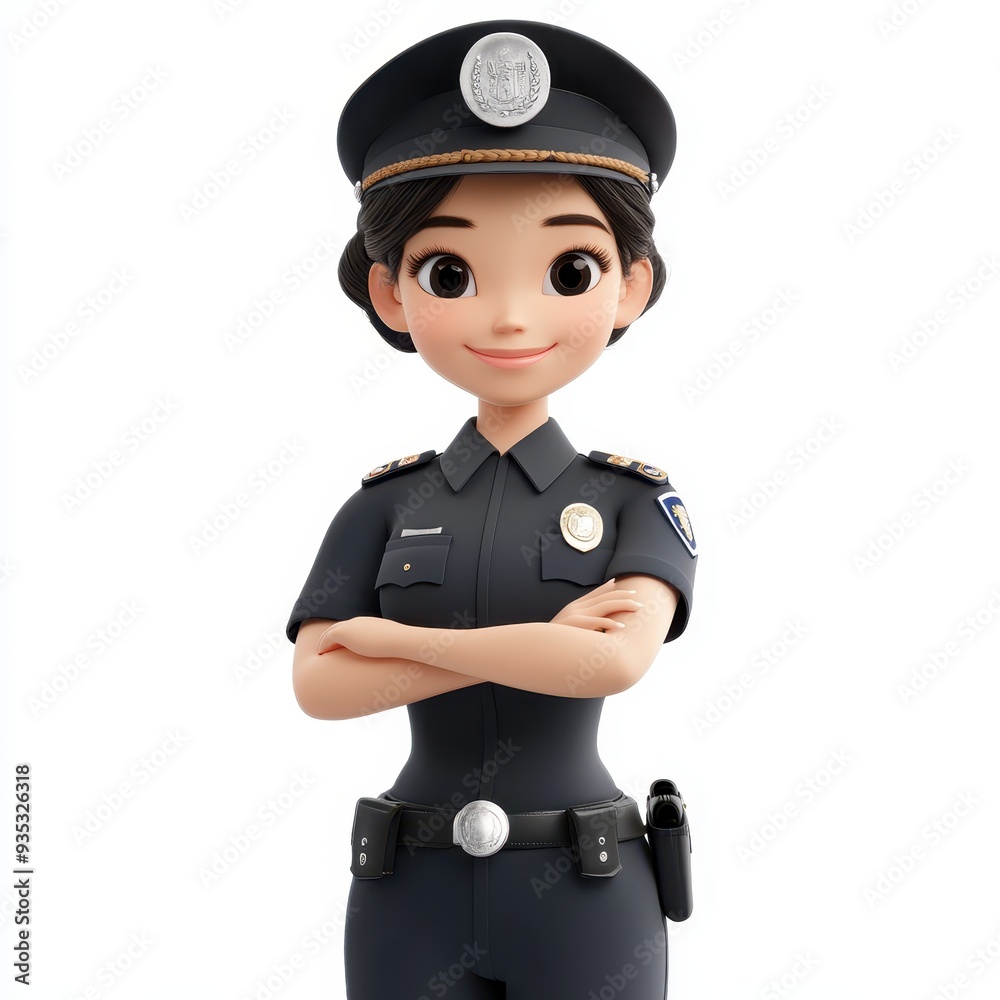 A cheerful cartoon police officer stands confidently with arms crossed, symbolizing safety and authority in a friendly manner. A cheerful cartoon police officer stands confidently with arms crossed, symbolizing safety and authority in a friendly manner.