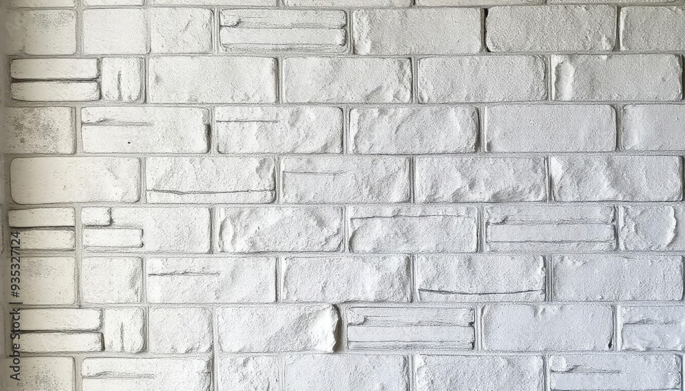 Fototapeta premium Abstract weathered high resolution texture old stucco light gray and aged paint white brick wall background in rural room, grungy blocks of stonework technology color horizontal architecture , ai