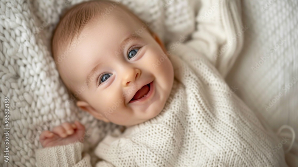 A cheerful baby lies on a plush blanket, wearing a cozy white sweater. The little one beams with happiness, capturing the warmth of home and morning sunshine A cheerful baby lies on a plush blanket, wearing a cozy white sweater. The little one beams with happiness, capturing the warmth of home and morning sunshine