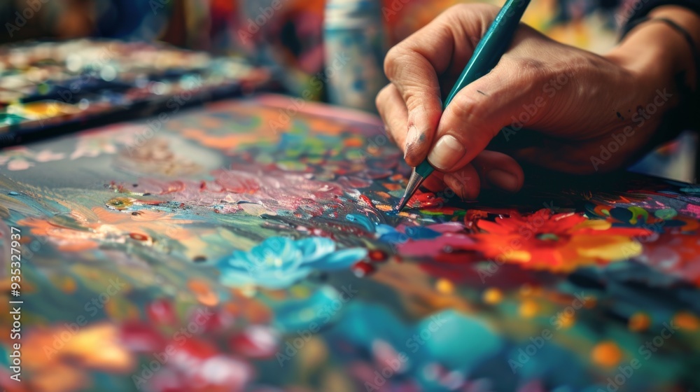 Close-up of Artist's Hand Painting with Brush on Canvas. Close-up of Artist's Hand Painting with Brush on Canvas.
