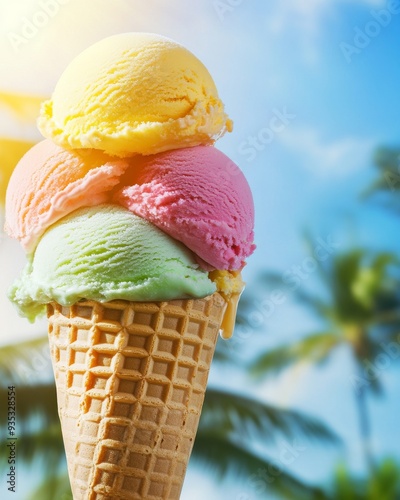 Triple-Scoop Ice Cream Cone Dripping in the Sun with Vibrant Flavors and Copy Space photo