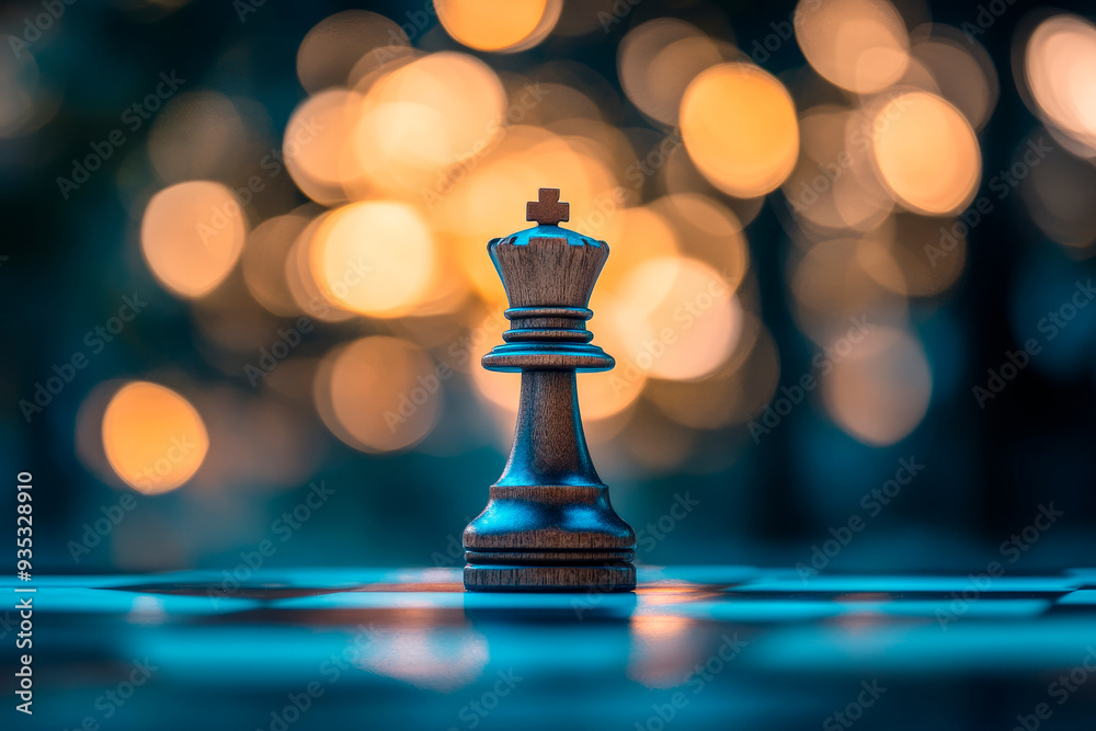 Chess king piece standing alone on a board with bokeh background, symbolizing strategy and leadership Chess king piece standing alone on a board with bokeh background, symbolizing strategy and leadership
