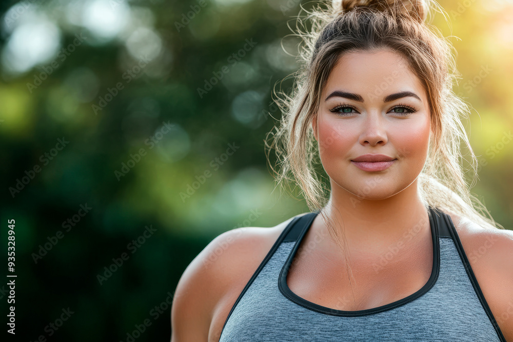 Naklejka premium Confident plus-size woman in workout attire outdoors