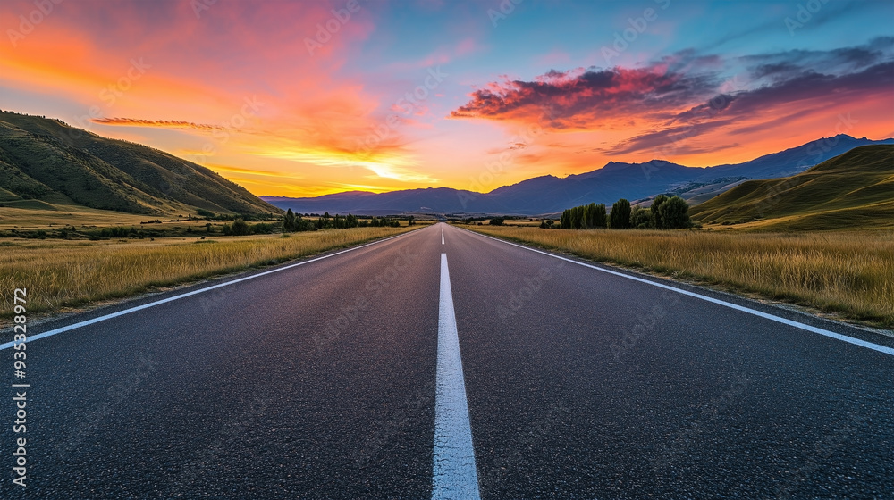 Fototapeta premium A stunning highway landscape at sunset, capturing the endless road stretching into the horizon, surrounded by rolling hills and vibrant skies.