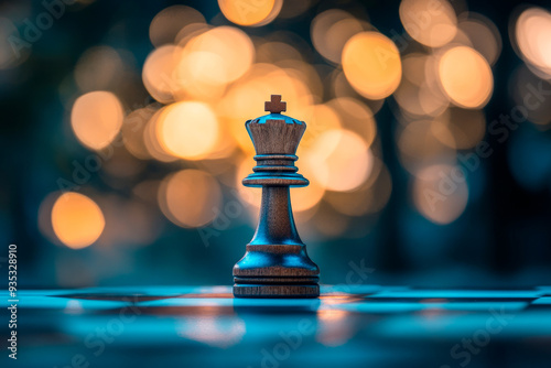 Chess king piece standing alone on a board with bokeh background, symbolizing strategy and leadership