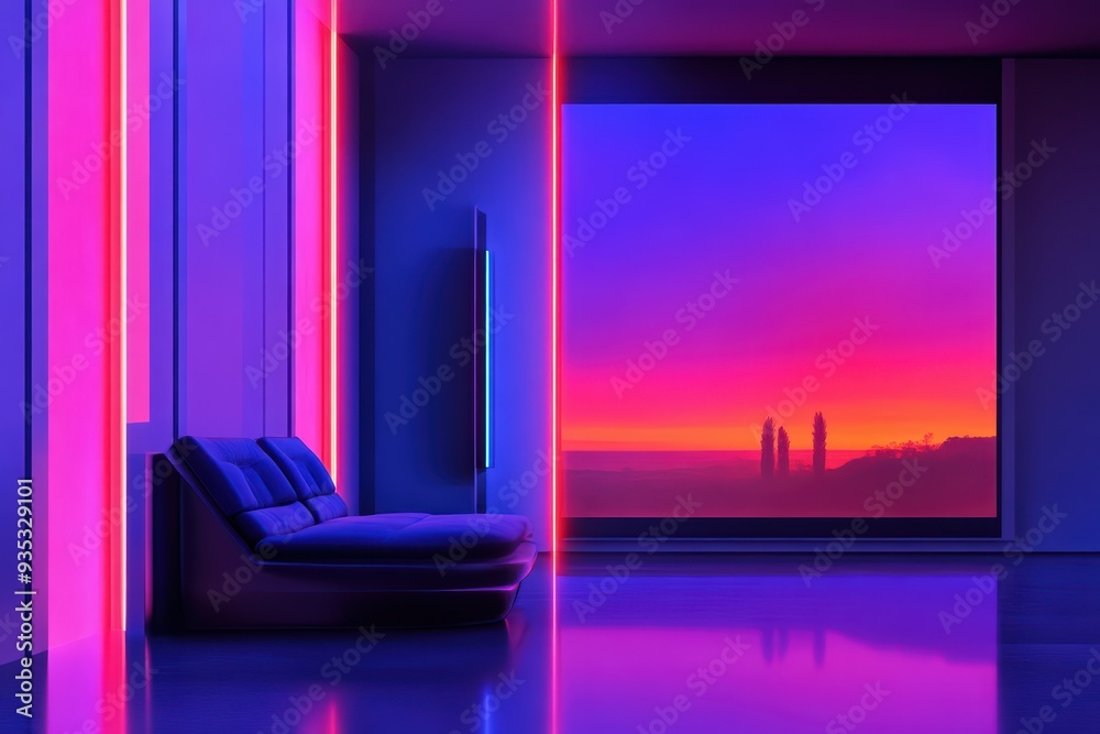 A modern interior with a sleek couch and vibrant neon lighting against a mesmerizing sunset view. A modern interior with a sleek couch and vibrant neon lighting against a mesmerizing sunset view.
