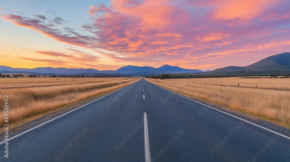 Fototapeta premium A stunning highway landscape at sunset, capturing the endless road stretching into the horizon, surrounded by rolling hills and vibrant skies.