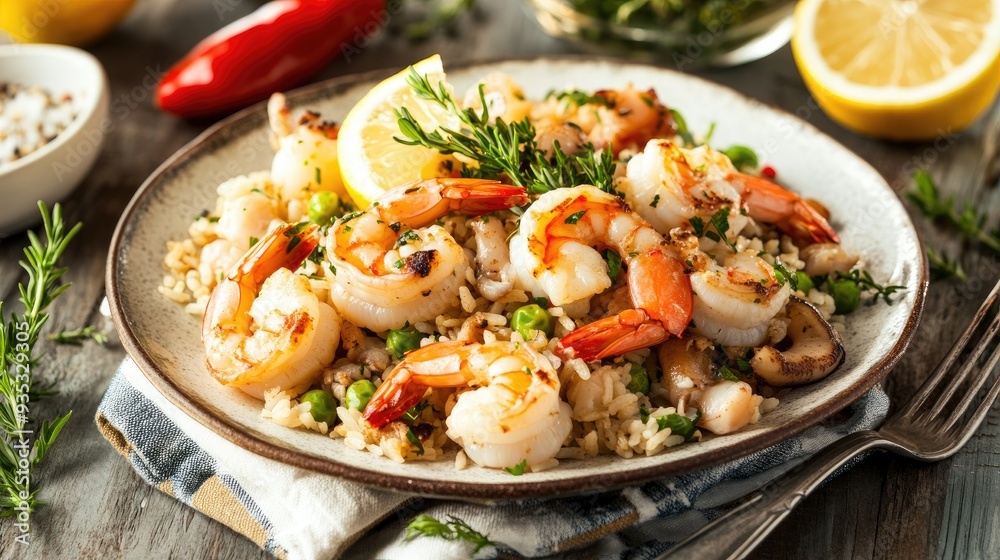 A close-up of a plate of cooked shrimp, rice, and peas. A close-up of a plate of cooked shrimp, rice, and peas.