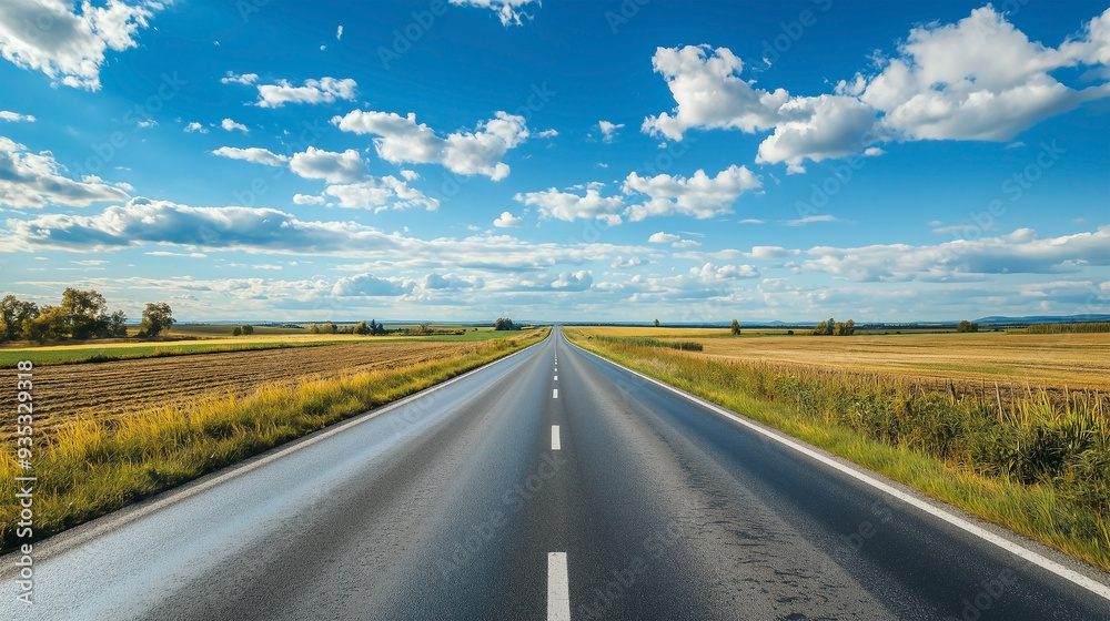 Naklejka premium A stunning highway landscape at sunset, capturing the endless road stretching into the horizon, surrounded by rolling hills and vibrant skies.