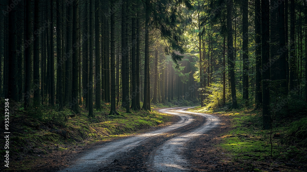 Fototapeta premium A stunning highway landscape at sunset, capturing the endless road stretching into the horizon, surrounded by rolling hills and vibrant skies.