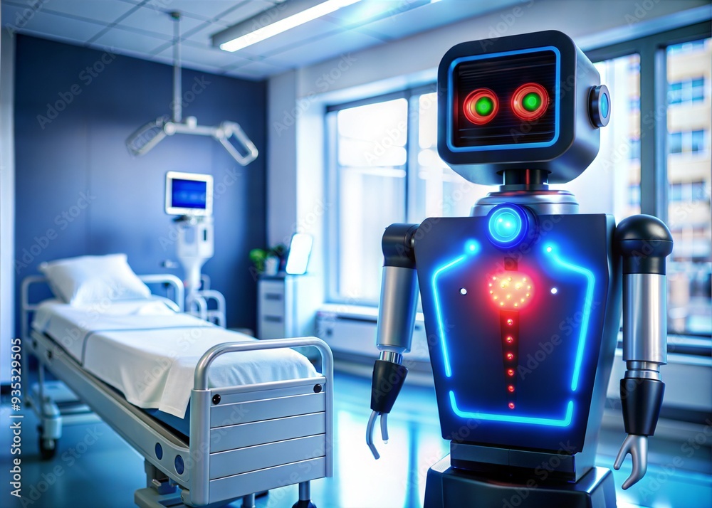 Medical Robot in Examination Room: Futuristic medical robot with glowing red eyes stands in an examination room, ready to assist medical professionals with patient care. The robot's presence signifie Medical Robot in Examination Room: Futuristic medical robot with glowing red eyes stands in an examination room, ready to assist medical professionals with patient care. The robot's presence signifie