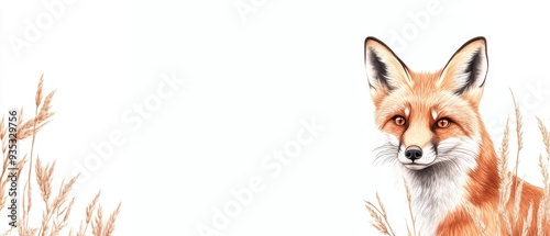 A realistic illustration of a fox in tall grass, showcasing its vibrant fur and striking eyes against a light background. photo