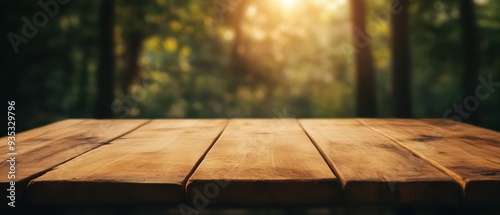 A rustic wooden table in a serene forest setting, illuminated by warm sunlight filtering through the trees, perfect for cozy gatherings.
