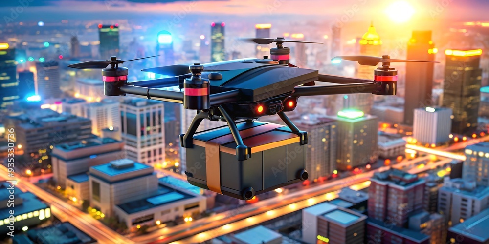 Drone Delivery Over the Cityscape: A high-tech drone carrying a package soars above a futuristic cityscape at dusk, embodying the future of logistics and urban transportation. Drone Delivery Over the Cityscape: A high-tech drone carrying a package soars above a futuristic cityscape at dusk, embodying the future of logistics and urban transportation.