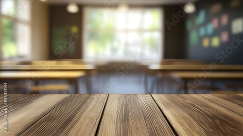 School classroom in blur background with wood table floor copy space; Blurry view of elementary class room no kid or teacher with chairs and tables in campus.