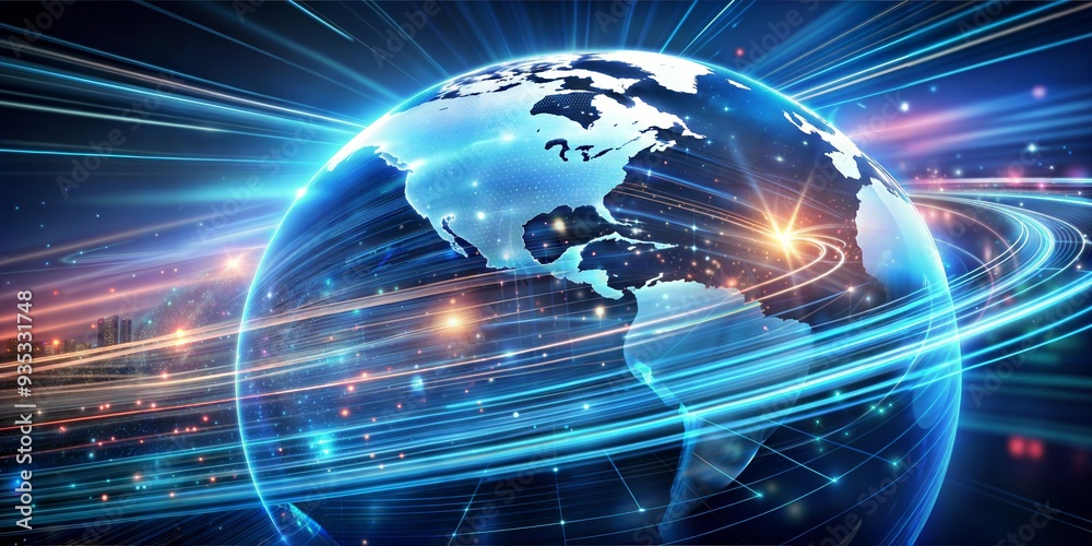 Obraz premium Global Connectivity: A futuristic depiction of the Earth, illuminated by radiant streaks of light symbolizing the interconnectedness of our planet in a digital age. The image conveys a sense of global