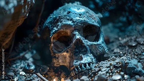 Eerie Ancient Warrior s Skeleton Surrounded by Treasure in Dark Cave Haunting Death Concept