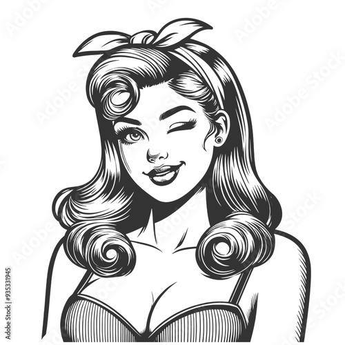 pin-up woman winking, classic glamour with voluminous hair sketch engraving generative ai fictional character vector illustration. Scratch board imitation. Black and white image.