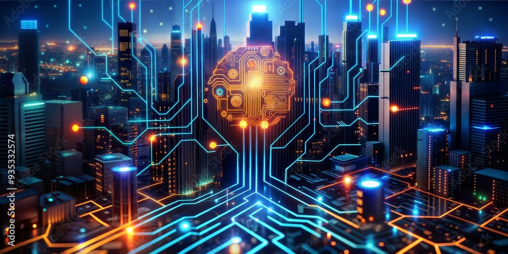 Obraz premium Cyberpunk Metropolis: A futuristic cityscape pulses with energy as a towering skyscraper, transformed into a colossal circuit board, illuminates the night with digital brilliance.