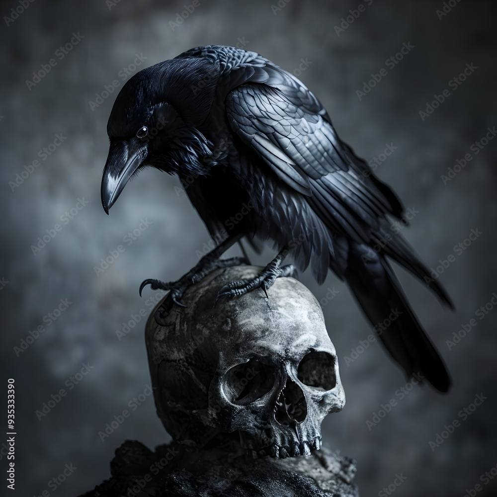 Fototapeta Raven Perched on Skull Detailed Feathers and Bones Dark and Symbolic Death Concept