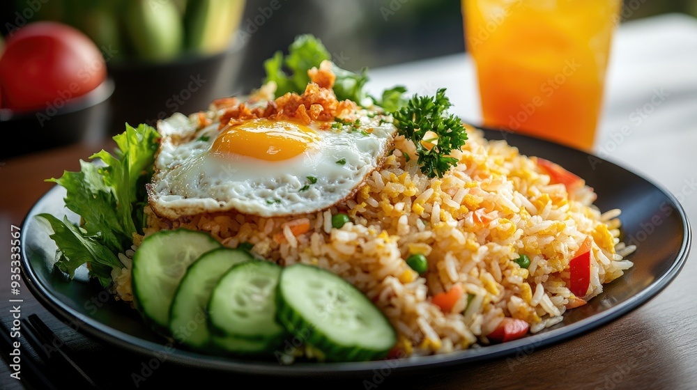 A plate of fried rice with a fried egg, cucumber slices, and parsley, with a glass of orange juice in the background. A plate of fried rice with a fried egg, cucumber slices, and parsley, with a glass of orange juice in the background.