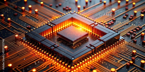 The Heart of Innovation: A futuristic, abstract representation of a powerful processor, glowing with energy and data streams. This captivating image evokes concepts of technology, artificial intellige photo