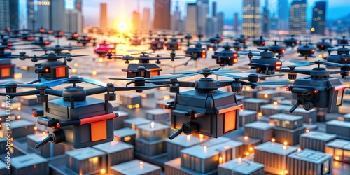 Wallpaper Mural Futuristic Delivery Drones: A swarm of sleek, futuristic drones navigate a dense cityscape, delivering packages in a seamless and efficient manner. This image evokes a sense of innovation, progress,  Torontodigital.ca