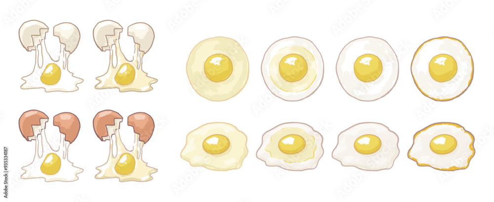 Fototapeta premium Illustration of eggs with different degrees of cookedness and poached eggs