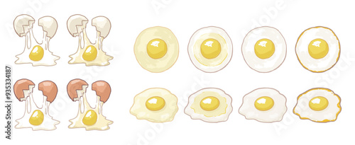 Illustration of eggs with different degrees of cookedness and poached eggs