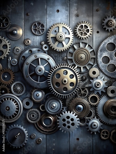 Wallpaper Mural Intricate Clockwork on Rustic Wood: A captivating close-up of interlocking metallic gears, sprockets, and cogs against a weathered wooden backdrop.  Torontodigital.ca