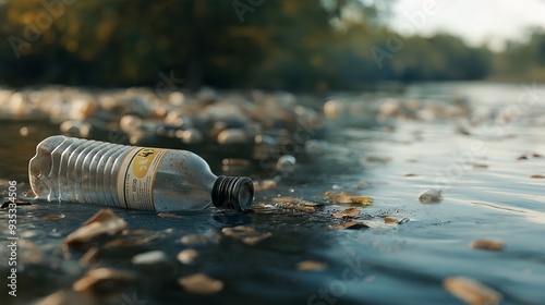 A close-up of a plastic bottle floating in a polluted river, surrounded by trash and debris, representing water pollution and environmental neglect.
