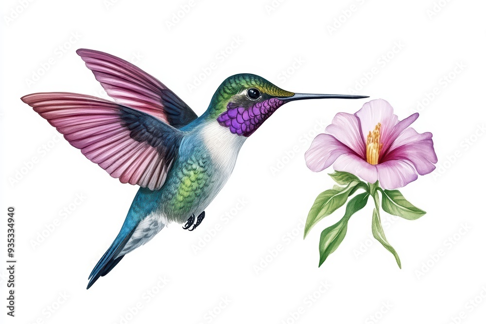 Obraz premium A vibrant hummingbird hovering near a delicate flower, showcasing the beauty of nature and intricate details of wildlife.