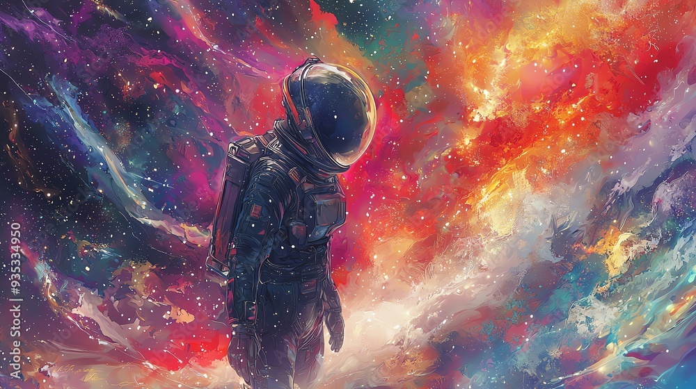 A vibrant, cosmic scene featuring an astronaut exploring a colorful nebula in deep space. Perfect for sci-fi and space themes.