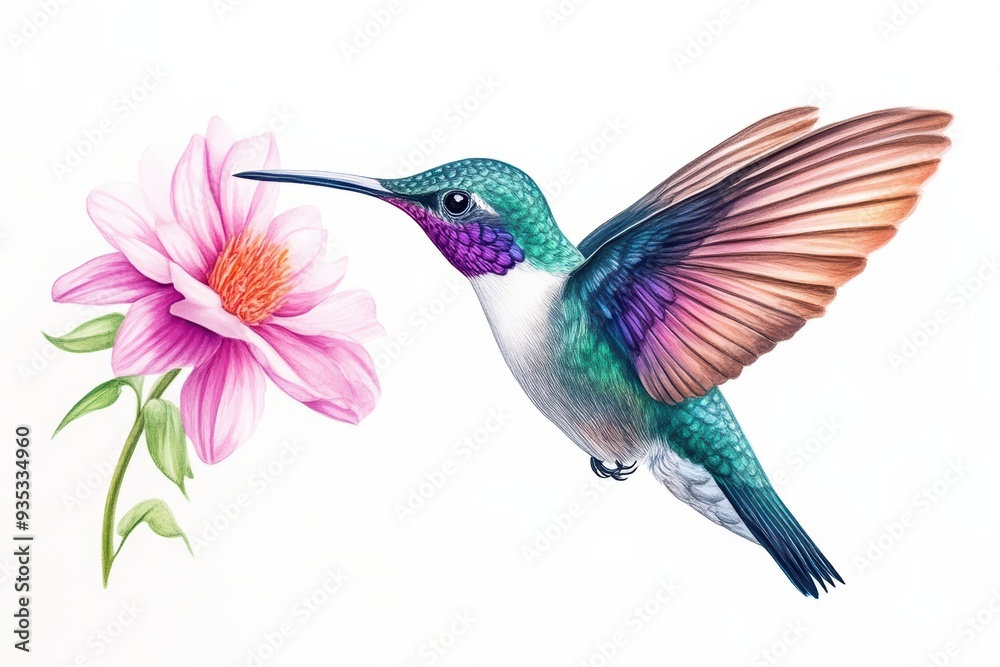 Obraz premium A vibrant hummingbird gracefully feeding on a beautiful flower, capturing the essence of nature's delicate beauty.
