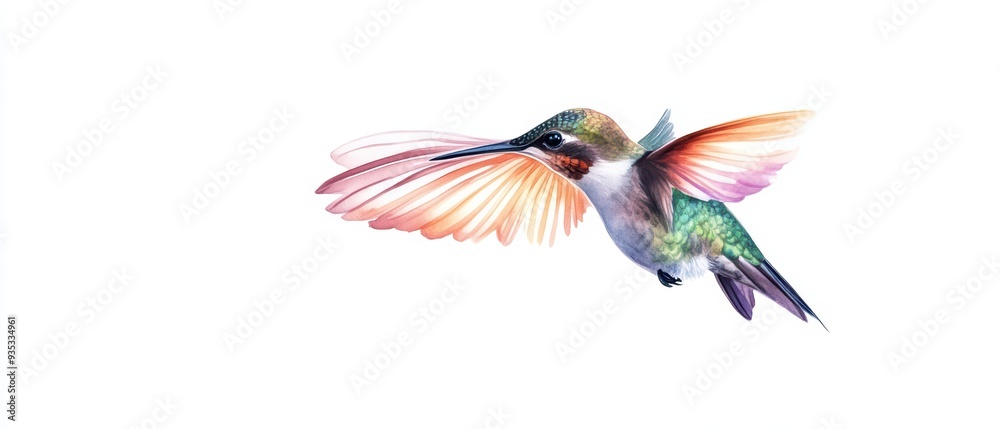 A vibrant hummingbird in mid-flight, showcasing its colorful feathers against a clean white background, symbolizing nature's beauty. A vibrant hummingbird in mid-flight, showcasing its colorful feathers against a clean white background, symbolizing nature's beauty.