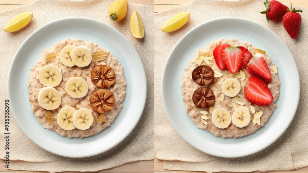 Bowl of oatmeal porridge with strawberry and banana on white table top view. Healthy and diet breakfast. Bowl of oatmeal porridge with strawberry and banana on white table top view. Healthy and diet breakfast.