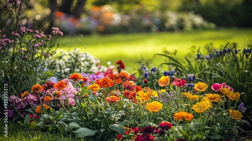 A garden bursting with colorful flowers in full bloom, showcasing natures beauty, Grandparents' picturesque garden in full bloom