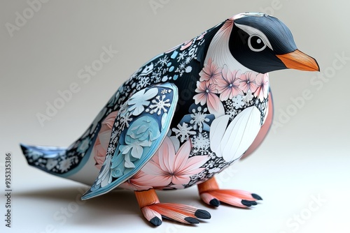 3D paper model of a penguin with pastel black whit 0061 bird, animal, vector, illustration, nature, beak, isolated, white, cartoon, wildlife, feather, blue, wild, red, black, birds, cute, crow, bullfi photo