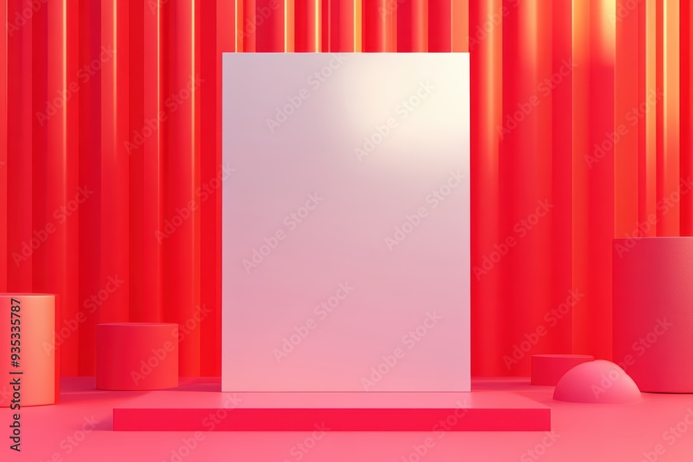 A vibrant red backdrop with geometric shapes, featuring a blank white panel ideal for showcasing your creative designs. A vibrant red backdrop with geometric shapes, featuring a blank white panel ideal for showcasing your creative designs.