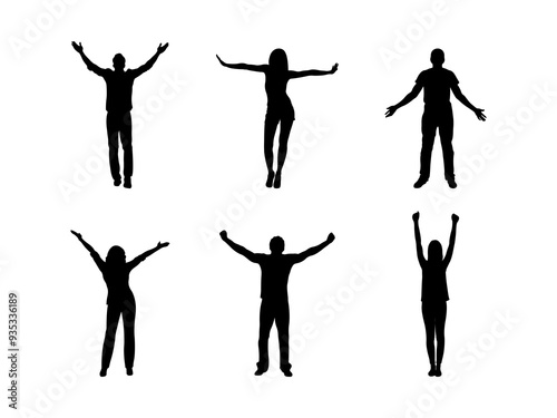 Set of Arms Raised Silhouette in various poses isolated on white background