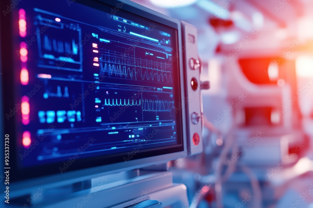 Advanced medical monitor displaying vital signs in a hospital setting with high-tech equipment and a glowing interface. Advanced medical monitor displaying vital signs in a hospital setting with high-tech equipment and a glowing interface.