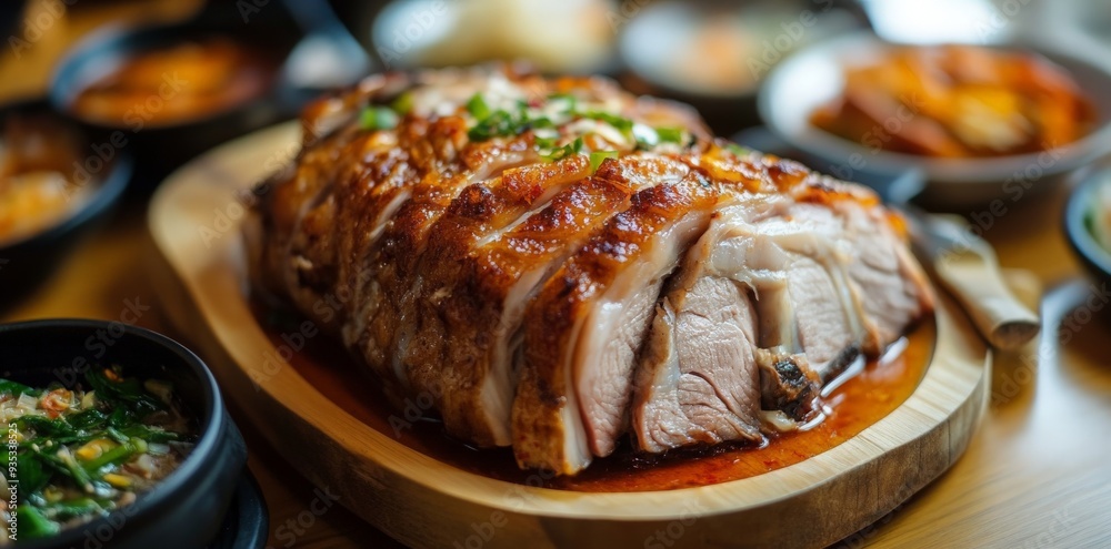 Korean BBQ Roast Pork on Wooden Platter.