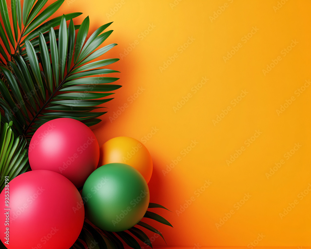 A colorful arrangement of balloons and leaves on a yellow background. The image has a fun and playful mood, with the balloons and leaves creating a sense of whimsy A colorful arrangement of balloons and leaves on a yellow background. The image has a fun and playful mood, with the balloons and leaves creating a sense of whimsy