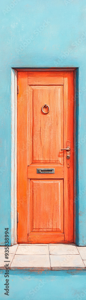A door is painted orange and is in front of a blue wall. The door is open and has a round knob A door is painted orange and is in front of a blue wall. The door is open and has a round knob