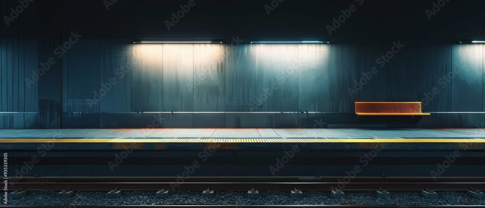 A train station with a bench and a few lights A train station with a bench and a few lights