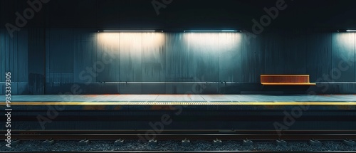 A train station with a bench and a few lights