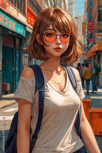 Japaneese lady with sunglasses walking on the street,ibrant anime style.