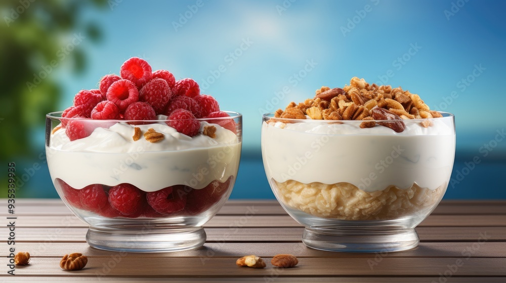 Bowl with greek yogurt, raspberries and walnut on blue table top view. Healthy diet breakfast. Bowl with greek yogurt, raspberries and walnut on blue table top view. Healthy diet breakfast.